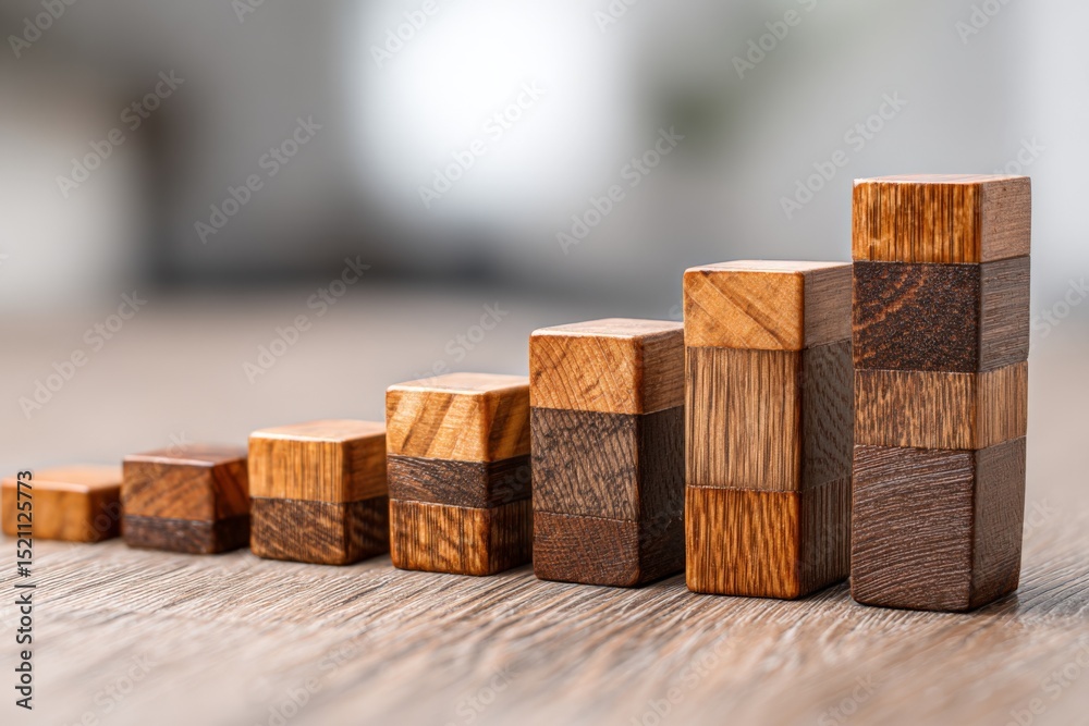 Poster wooden blocks arranged in a rising bar chart on a table showcasing growth and progress in a modern w