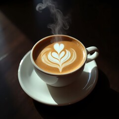 Steaming Coffee Latte Art Heart Design in White Cup