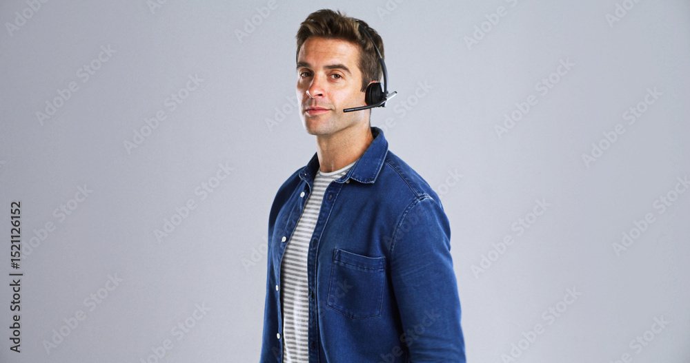 Aufkleber portrait, man and call center agent in studio with communication, contact us and crm. mockup space, 