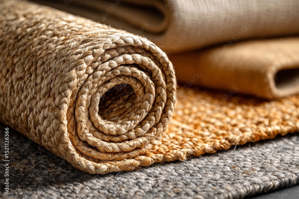 Poster Various textured rugs display intricate patterns and natural fibers on a soft surface in a cozy interior setting