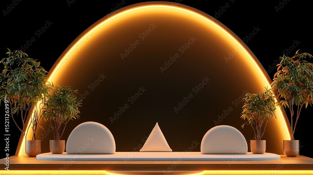 Poster stage with geometric shapes illuminated by curved neon light