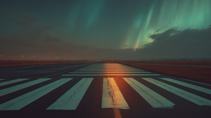 Fototapeta premium road crossing flat tundra under northern lights, perfect lighting, realistic and cinematic style