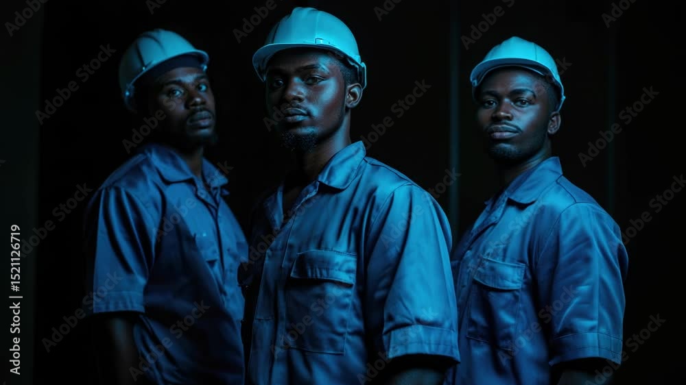 Poster three men in hard hats stand together in a dimly lit room, likely awaiting instructions or discussin