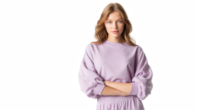 Confident young woman with long, wavy blonde hair, wearing a stylish lilac co ord set and posing with arms crossed against a transparent background