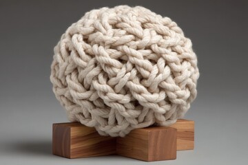 Knitted decorative sphere resting on a wooden stand showcasing intricate craftsmanship and cozy textures