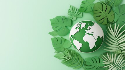 Green and white globe surrounded by paper cutout leaves