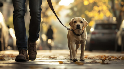 Person walking Labrador dog on city street during autumn, surrounded by colorful leaves and soft sunlight. scene captures peaceful moment of companionship and nature beauty