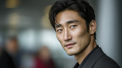 Obraz premium artistic professional photo of East Asian man with confident gaze and tailored blazer, blurred indoor conference background, perfect lighting, realistic and cinematic style