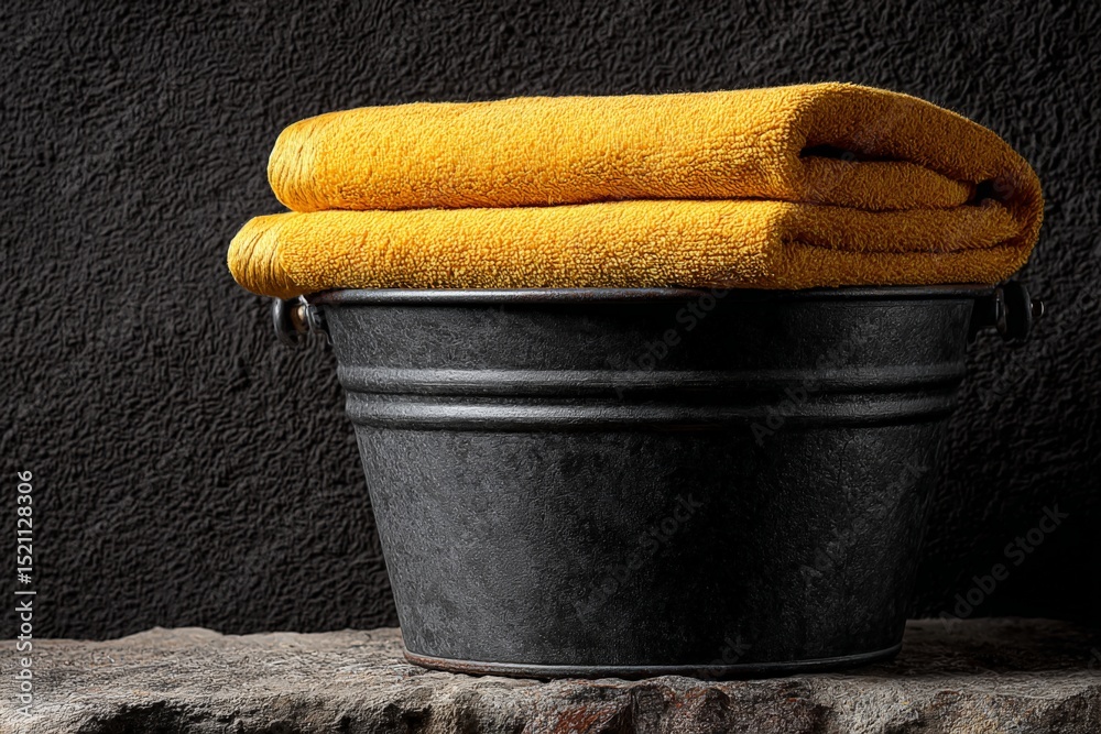 Poster stylish black bucket holding neatly rolled yellow towels on a stone surface against a dark textured 