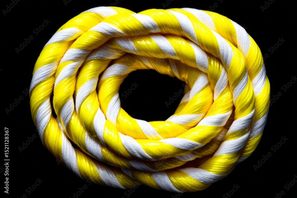 Poster bright yellow and white coiled rope lying against a dark background showcasing its intricate texture