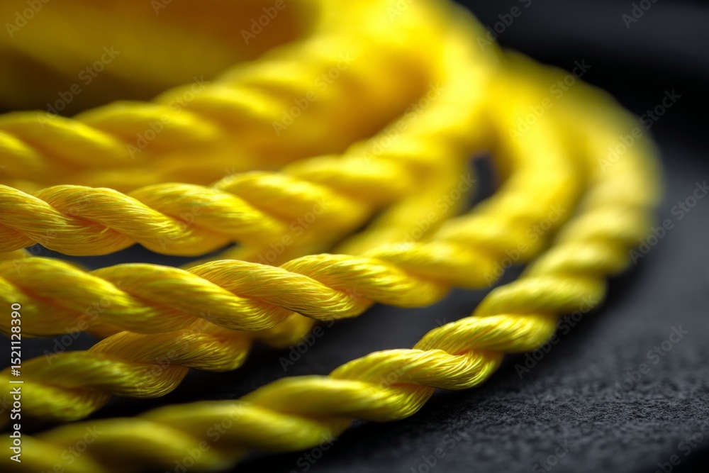 Poster Yellow twisted rope lying on a dark background emphasizing texture and color contrast in a close-up setting