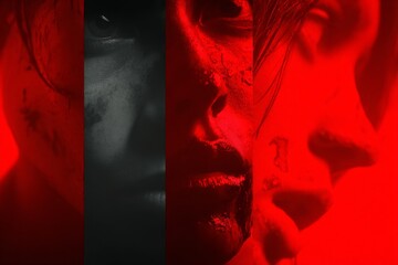 Dynamic expression of emotion captured through striking red lighting and intense facial close-ups in an artistic portrayal