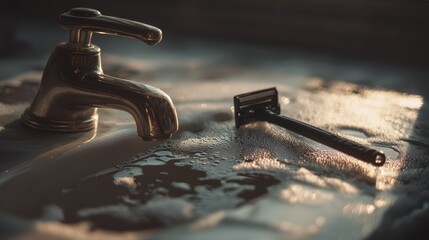 artistic professional photo of double edge razor with foam on white ceramic sink, perfect lighting, realistic and cinematic style