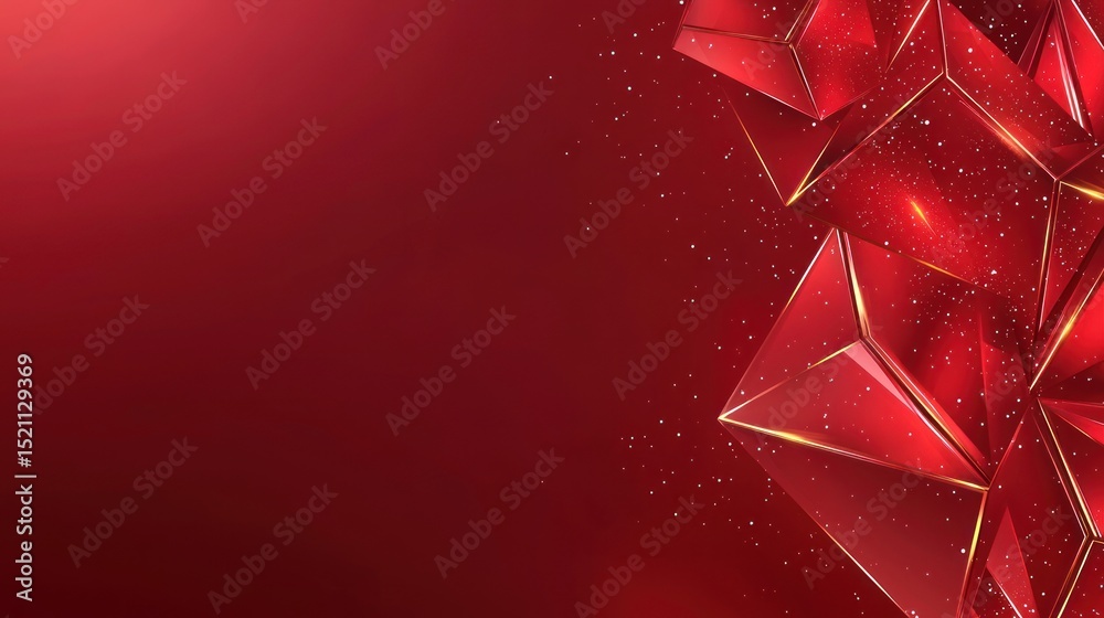 Fototapete Geometric ruby forms with golden edges float against a red backdrop