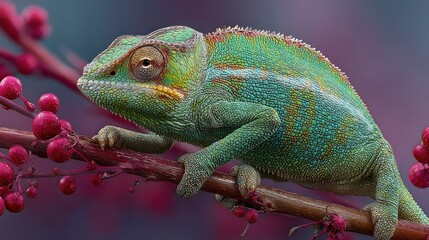 Obraz premium Elegant chameleon perched on a branch amidst vibrant pink floral accents