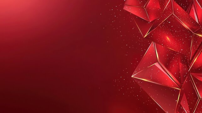 Geometric ruby forms with golden edges float against a red backdrop