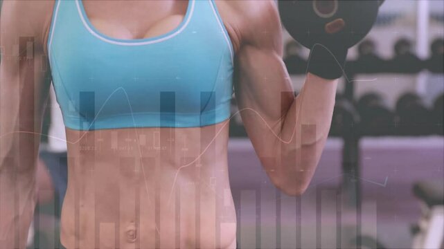 Fitness trainee curling dumbbell in gym, initiating animated bicep contraction overlay