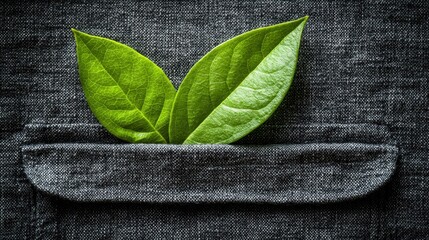 Fresh green leaves resting in a denim pocket, symbolizing nature and sustainability in fashion