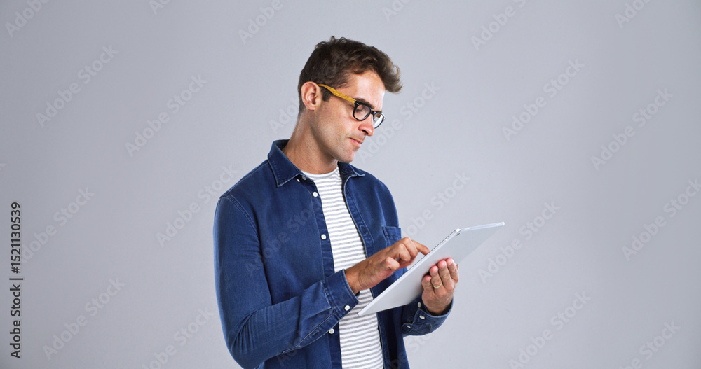 Poster glasses, journalism and tablet with editor man in studio for proofreading article of online magazine