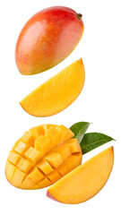 Ripe mango fruit slices and diced pieces
