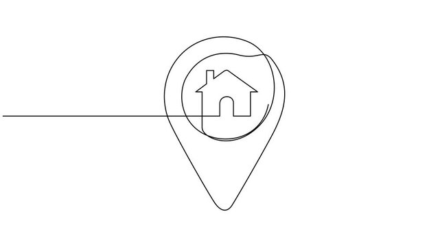 A single-line animation of location with home icon concept, Single line drawing, location with home icon. Animation of one line map, location and tracking. Video 4K