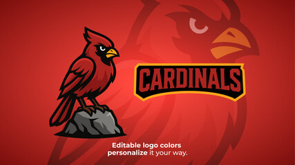 Cardinal Bird Mascot Logo Standing on Rock – Calm Forest Avatar for Gaming or Esports Team
