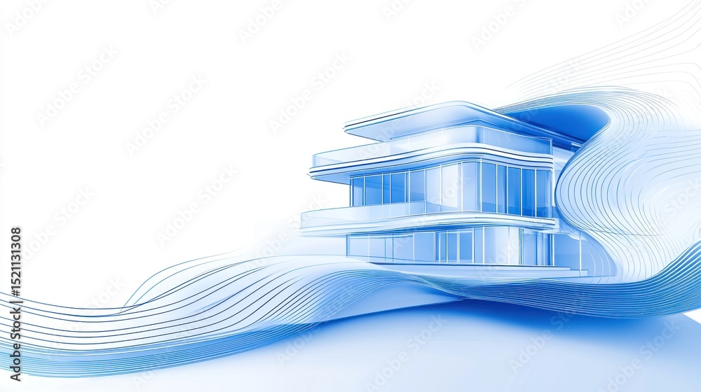 Poster Modern architectural rendering showcasing a building with flowing lines