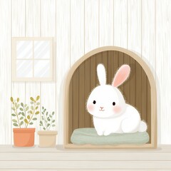 A cute white rabbit is sitting inside a wooden rabbit hole, looking at the camera with a smile
