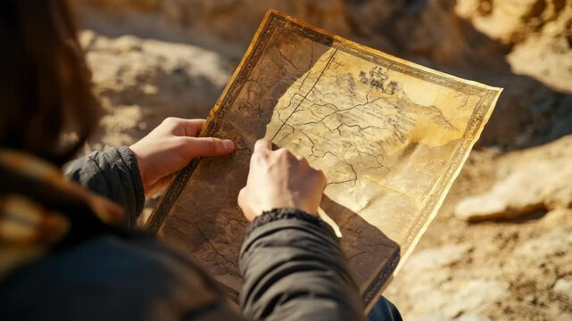 Exploring vintage navigation: hands tracing adventure on antique map outdoors