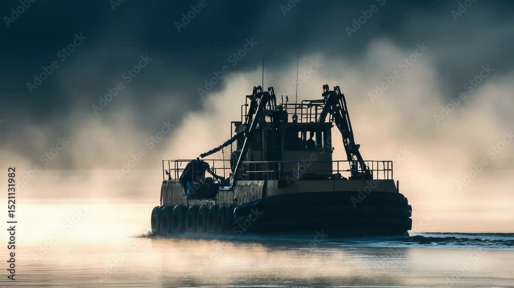 Poster a tug boat navigating through calm waters, suitable for use in marine-themed designs or as a symbol 