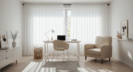 Fototapeta premium Bright, Airy Home Office with White Curtains, Desk, and Armchair in Sunlight