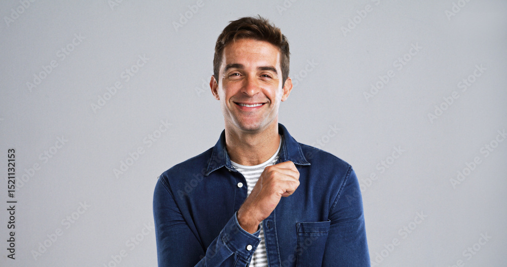Poster happy, man and thinking with portrait in studio for planning, ideas and positive attitude. mockup sp