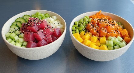 Two poke bowls with fresh tuna and salmon