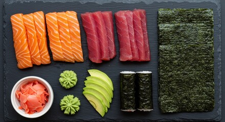 Sushi ingredients arranged on a dark slate board