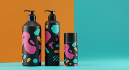 Black cosmetic bottles with colorful abstract shapes on vibrant orange and turquoise background