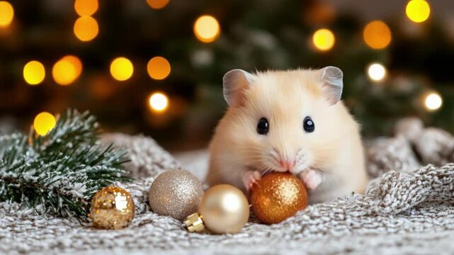 Adorable hamster with christmas ornaments and festive lights