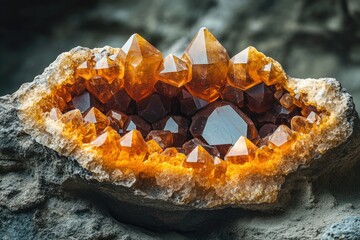 Obraz premium A mesmerizing geode reveals a cluster of radiant, amber-hued quartz crystals.