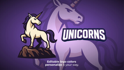 Heroic Unicorn Mascot Logo on Rock – Fantasy Creature for Gaming or Esports Identity
