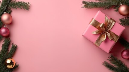 Pink wrapped christmas gift with gold ribbon and ornaments