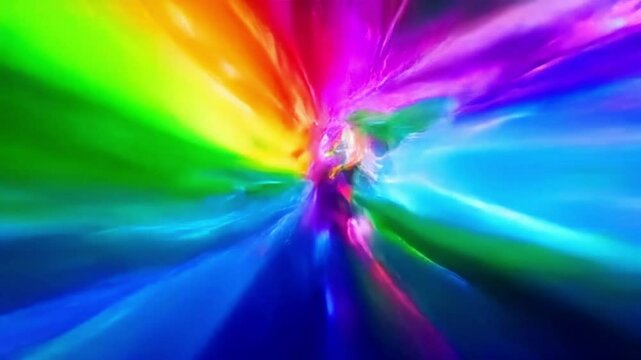 FPV, dynamic motion: An abstract explosion of joy with flowing rainbow color splashes and energetic motion lines. The camera zips through the vibrant, fluid colors, capturing the dynamic energy and HD