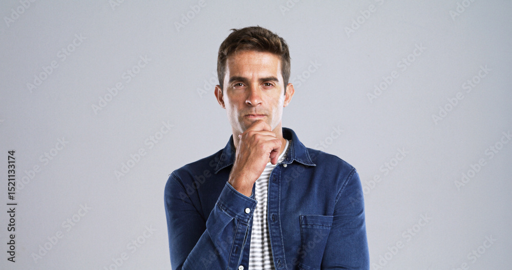 Poster portrait, man and thinking with anger in studio for planning, ideas and doubt of fake news. mockup s