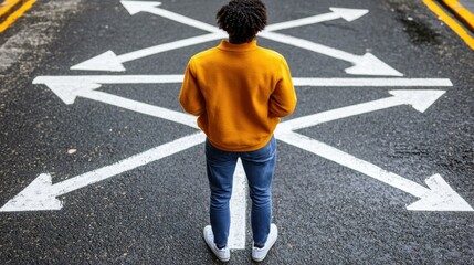 Individual in a yellow sweater stands at a crossroads with multiple arrows on the pavement, contemplating direction