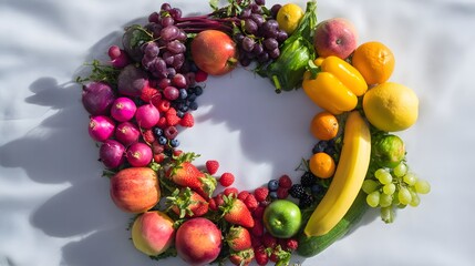 Colorful fruits, berries and vegetables in a circular arrangement, celebrating nature's vibrant bounty