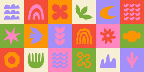 Abstract Geometric background with doodle groovy shapes. Childish playful forms. Trendy vector illustration