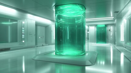 Futuristic laboratory with glowing green tanks, showcasing advanced technology and sterile environment