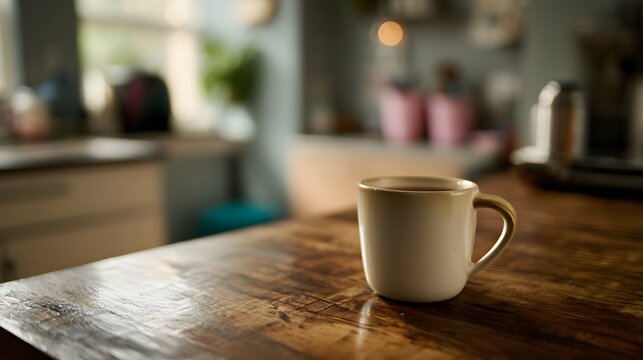 Minimalist wooden desk with coffee cup, a serene workspace for focused productivity