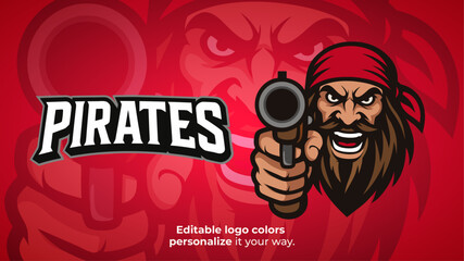 Aggressive Pirate Mascot Logo Aiming Gun – Esports or Shooter Game Avatar Vector
