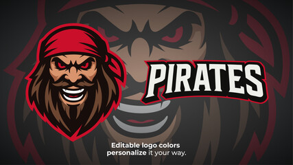 Evil Smiling Pirate Mascot Logo – Esports Team or Gaming Brand Vector Illustration
