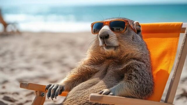 Cool marmot relaxing on a sunny beach chair with sunglasses