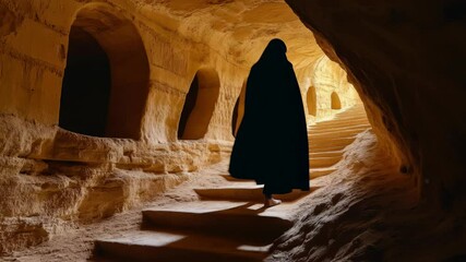 Mysterious hooded figure ascends ancient stone staircase in dramatic desert cave
